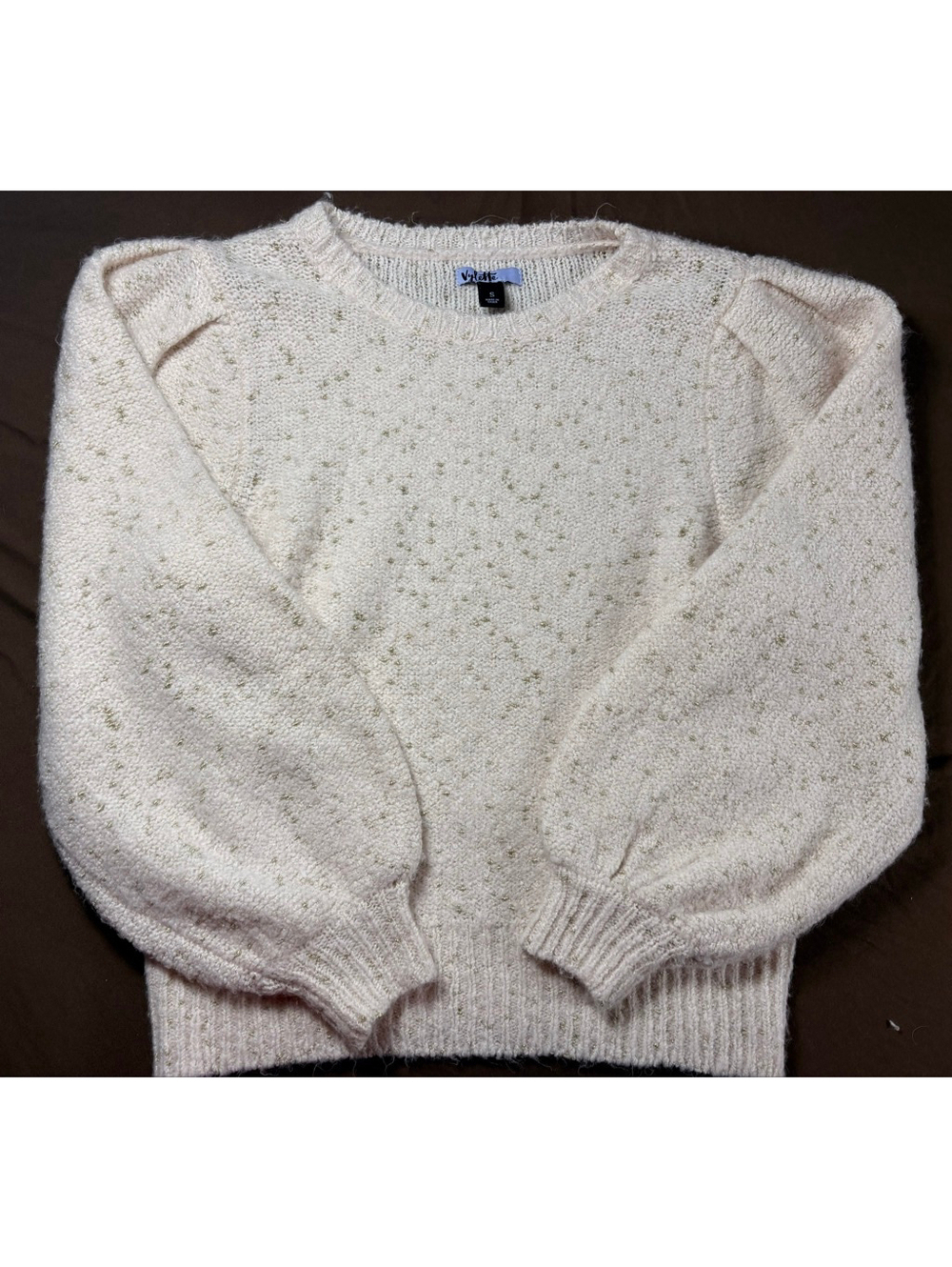 Vylette Cream Gold Sparkle Crew Neck Sweater S Puff Sleeves
